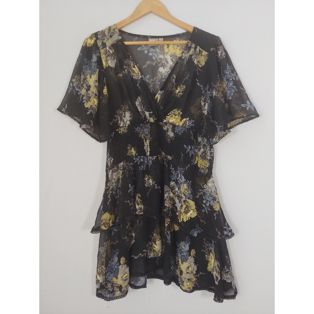 ASOS Floral Chiffon Tunic Top Faux Wrap Smocked Sheer Tiered Boho Flutter Sz 8